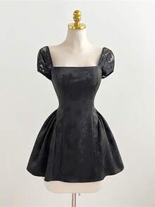 Elamini Fashionable Sweet Date Satin Jacquard Contrast Lace Sexy Backless Mini Dress - Black - View 4