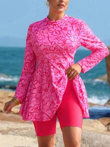 Swim Shayni Plus Size Summer Vacation Floral Print Long Sleeve Top And Burkini Swimwear Set - Multicolor - View 1