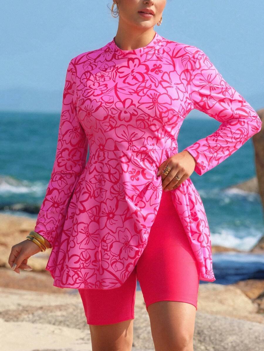 Swim Shayni Plus Size Summer Vacation Floral Print Long Sleeve Top And Burkini Swimwear Set - Multicolor - View 1