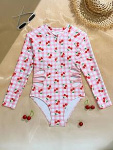 少女格子樱桃印花露腰长袖拉链连体泳衣 - 粉色 - 查看 5