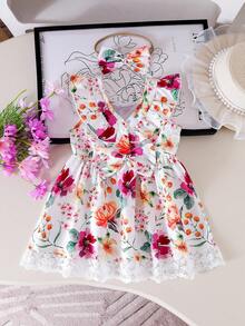SHEIN Vintaside Kids 女嬰白色花卉蕾絲飾邊洋裝，可愛夏季度假熱帶海灘休閒荷葉袖派對復活節穿搭 - 白色 - 查看 5