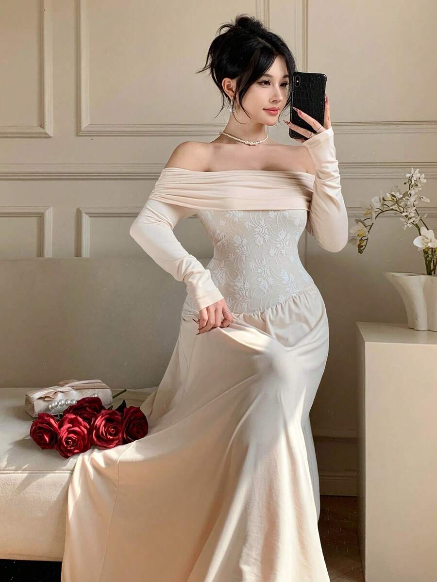 DAZY 女士优雅褶皱单肩收腰连衣裙，秋季 - 米色 - 查看 1