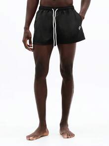 SUMWON Men's Forest Green Drawstring Beach Shorts With Contrast White Side Stripes Summer Swim Trunks Elastic Waist Quick Dry Casual Beachwear Vacation Resort Pool - Black - View 3