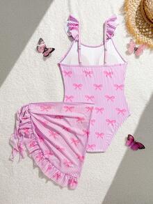 SHEIN Conjunto de traje de baño de una pieza con estampado de lazo a rayas rosa y falda con volantes para niña preadolescente, moda casual - Rosa - Ver 2