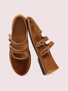 CUCCOO DOLLMOD Sepatu Wanita Klasik Cokelat dan Kuning Garis Ganda Beludru Model Datar - Coklat - View 2