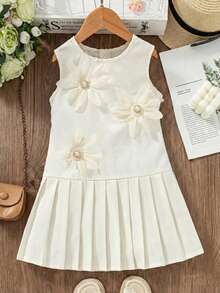 SHEIN Young Girl Round Neck 3D Floral Decor Pleated Fashionable Chic Party/Vacation Dress - Apricot - View 6