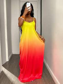 Eryvara 女士春夏V领宽松渐变印花长连衣裙，带肩带，春夏连衣裙，肩带连衣裙，春季服装，肩带连衣裙，外出装扮，时尚休闲性感肩带连衣裙 - 黃色 - 查看 4