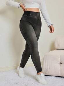 SHEIN Tall Quần jeans nữ dáng ôm cạp cao, chất liệu co giãn, màu tối, thích hợp mặc mùa thu/đông, chất vải mềm mại, co giãn tốt, màu tối. - màu đen - Xem 3