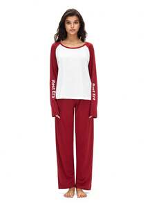 Women's Pajama Set, The Top Features Raglan Sleeves, The Main Body Is In White, The Shoulders And Sleeves Are In Burgundy, With "Rest Era" Printed In White On The Arms; The Bottom Is A Solid Burgundy Long Pant. The Overall Design Combines Contrasting Colors And Text Elements, With A Minimalist Style And A Branded Feel. - Burgundy - View 3
