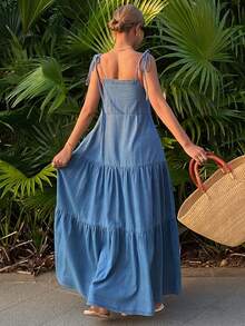DAZY Women's Lace-Up Cake Skirt, Casual Sleeveless Long Denim Dress Summer - Medium Wash - View 6