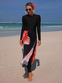 Swim Shayni 新款黑色长袖泳衣，搭配红色花卉印花网纱裙摆，两件套 - 彩色 - 查看 3