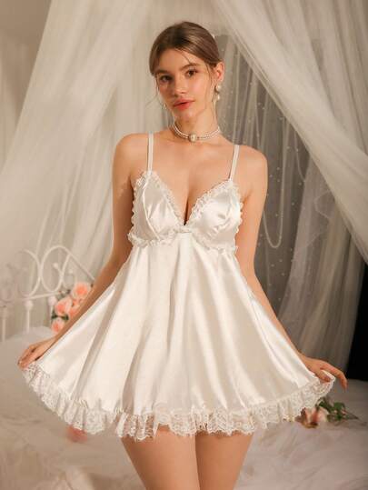 Women's White Faux Silk Lace Patchwork Spaghetti Strap Sleepwear, Sexy Tie-Up Chaste Lingerie Slip Dress