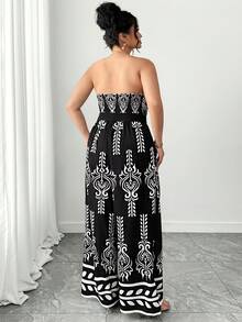 Elenzga Plus Size Women Vacation Style Strapless Wide Leg Jumpsuit - Black - View 2