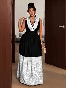 Maweii Plus Size Women V-Neck Ruched Waist Elegant Party Dress - Black and White - View 4