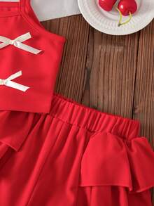 Young Girls Festive Red 2 Pieces Outfit, Sleeveless Top With Bow And Ribbon Details, Layered Ruffles Shorts, Perfect For Spring Summer Birthdays&Parties - Red - View 7