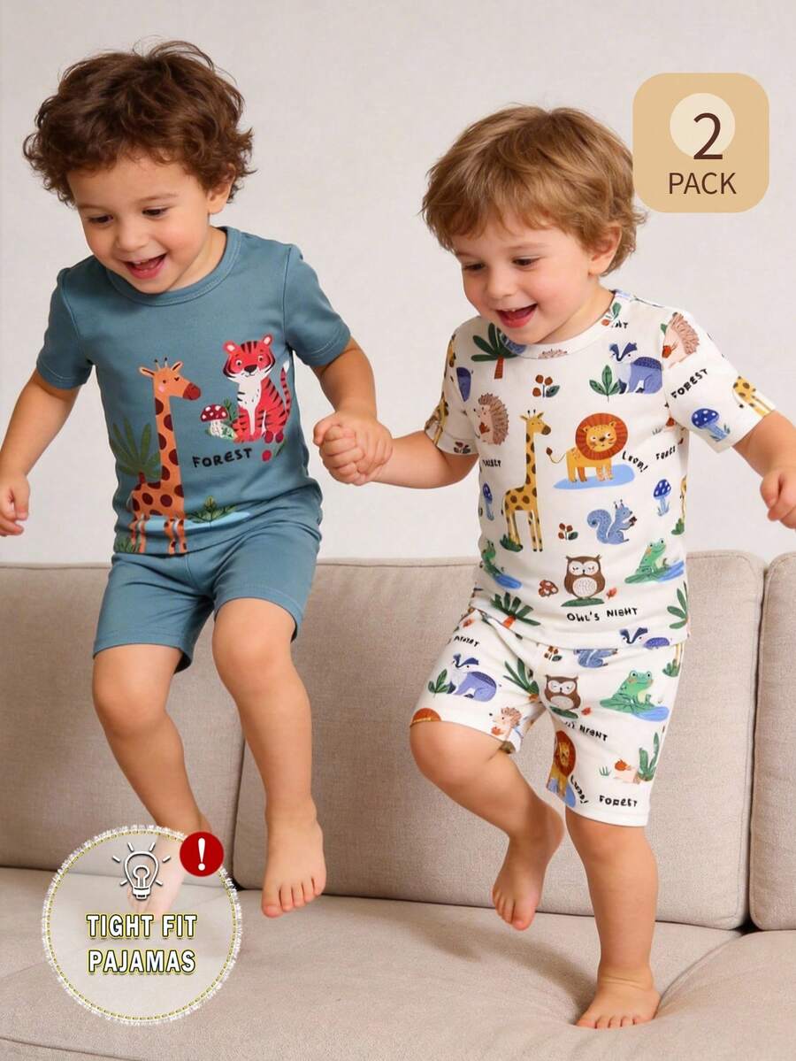 4件套新生男宝宝森林动物主题黄色和灰蓝色狮子、长颈鹿、大象印花短袖连体衣和短裤睡衣套装 - 彩色 - 查看 1