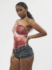 Bloopia INS 美人鱼扎染褶皱吊带背心，不对称下摆女式上衣 - 彩色 - 查看 1