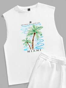 VIVINTIMO Bộ đồ nam White Label MIAMI Vacation Lifestyle gồm áo tank top và quần short, thích hợp cho kỳ nghỉ và mặc hàng ngày. Bộ 2 món nam đi nghỉ mát, bộ đồ hè 2 món nam, bộ đồ đi biển nam, bộ áo vest không tay và quần short nam. - trắng - Xem 2
