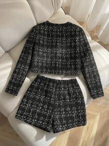 SHEIN Tween Girl 都市时尚长袖夹克和短裤套装 - 黑色 - 查看 2