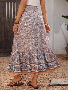 SHEIN LUNE Women's Casual Vacation Placement Print Front Button Split A-Line Skirt, Spring/Summer - Multicolor - View 2