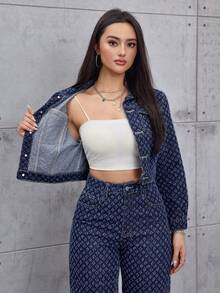 SHEIN ICON Women's Vintage Coin Button Casual Long Sleeve Denim Jacket - Dark Wash - View 8