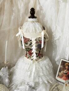 Lyrianda New Arrival French Rose Print Front Tie Bustier, Spaghetti Strap Crop Top, Waist Tie Camisole, Casual Versatile Bowknot Cropped Tank Top For Summer - Multicolor - View 3