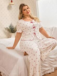 CottageSlumber Set pigiama da donna a 2 pezzi con stampa a cuori, top a maniche corte con fiocco e pantaloni a gamba ampia - Bianco - Visualizzare 3