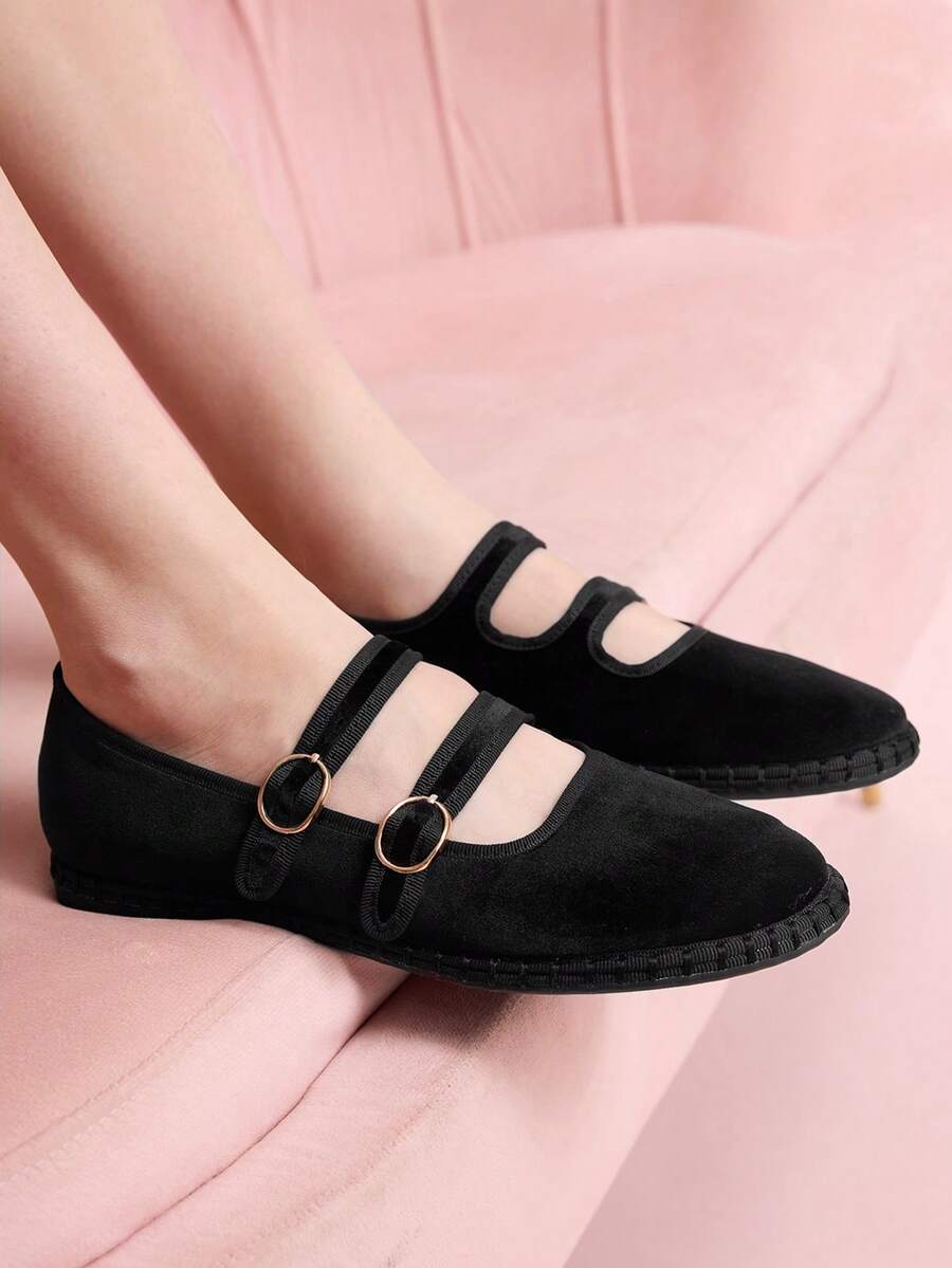 CUCCOO DOLLMOD Women's Shoes Classic Black Double Striped Velvet Flats - Black - View 1