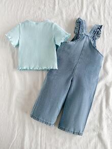 SHEIN Vintaside Kids 两件套女婴套装，休闲可爱百搭，纯色短袖上衣搭配花卉刺绣牛仔背带裤，适合春夏日常穿着。 - 藍色 - 查看 2