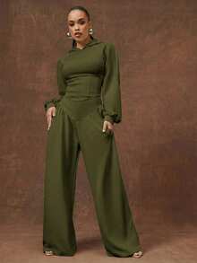 Vixey Wave Sleeve Corset Asymmetrical Hem Cropped Hoodie - Olive Green - View 3
