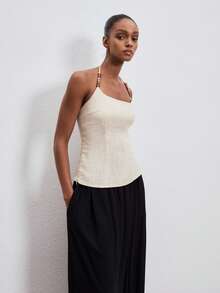 ATUI Studio Top de cuello halter con cuentas color albaricoque para mujer - Blanco - Ver 7