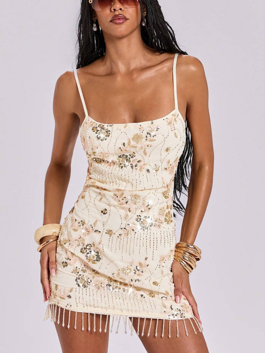ROMWE Vestido corto de verano para vacaciones con tirantes finos, espalda descubierta y bordado con cuentas - Beis - Ver 1