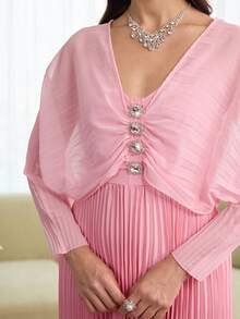 Modelyn V-Neck Chiffon Pleated Dress With Diamond Buttons, Elegant Long Dress For Women, Pink - Pink - View 2
