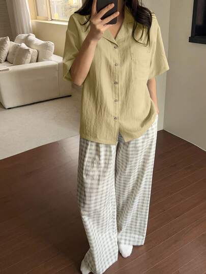DAZY Solid Color Loose Short Sleeve Cardigan Shirt & Straight Long Plaid Pajama Pants Women Sleepwear Set