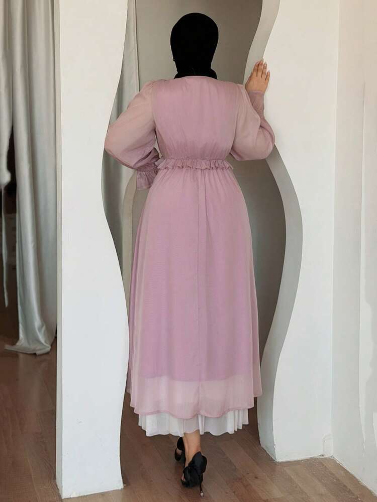 Dazy Plus Valentine Plus Size Women Solid Color Chiffon V-Neck Ruffle Trim Flare Sleeve Long Dress, Pink, Spring/Summer Maxi Dress Sundress