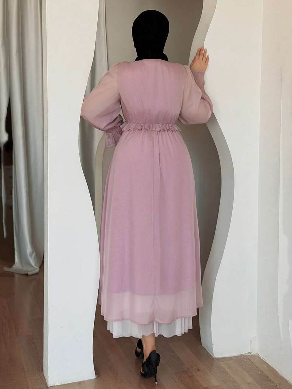 Dazy Plus Valentine Plus Size Women Solid Color Chiffon V-Neck Ruffle Trim Flare Sleeve Long Dress, Pink, Spring/Summer Maxi Dress Sundress