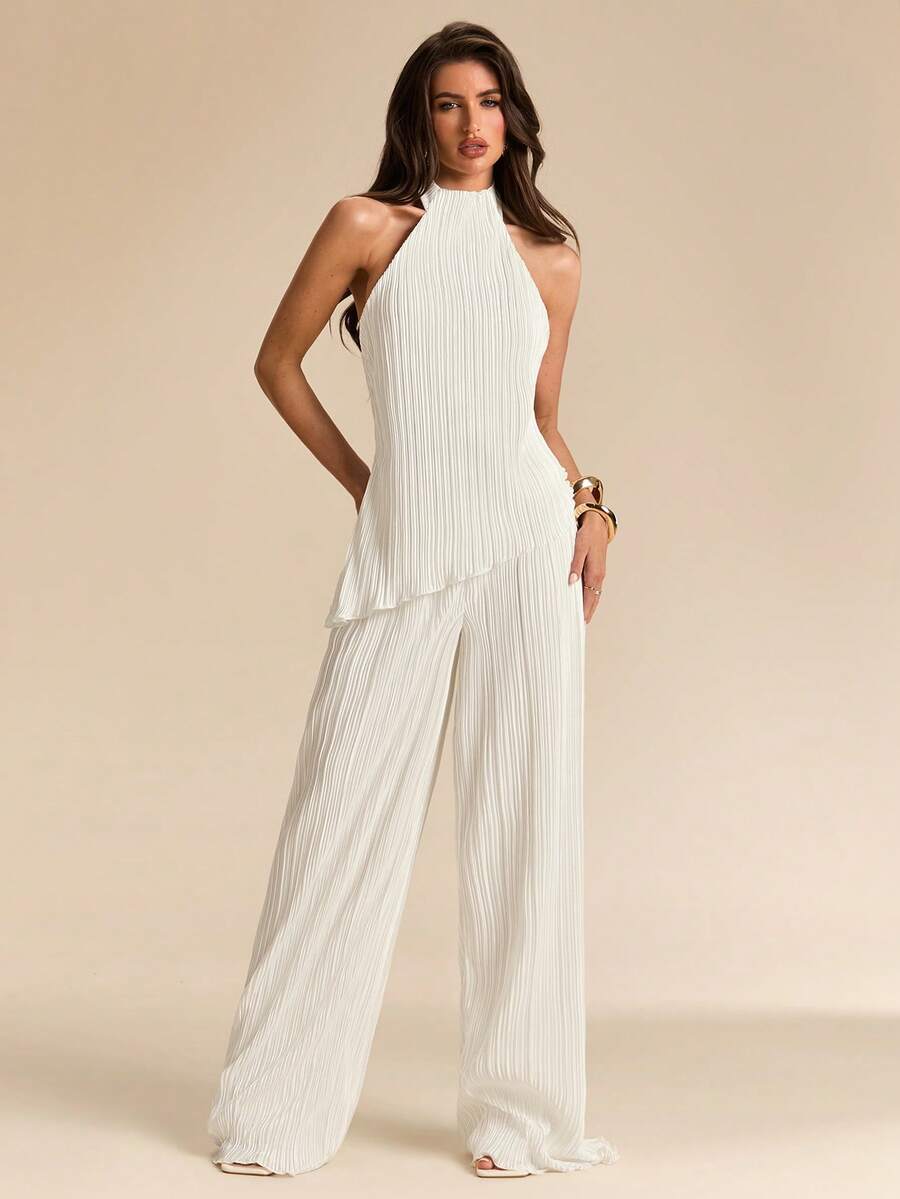 SHEIN BAE Bộ đồ 2 món thanh lịch dành cho nữ: Áo hai dây hở lưng và quần dài. - trắng - Xem 1