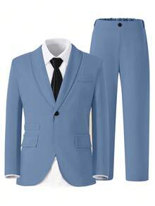 SHEIN 2pcs Tween Boy Gentleman Outfit,Long Sleeve Jacket + Trousers Suit,Blue And White Striped,Summer,Elegant,Traditional,Wedding Formal Attire For Prom - Blue - View 2