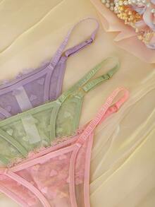Charlaine 3pcs/Pack Women's Low-Waist Lace Thong Panties, Random Heart Pattern - Multicolor - View 4