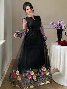 DAZY Women's V-Neck Cinched Waist Floral Embroidered Dress, Elegant Holiday Style Sundress - Black - View 7