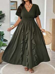 Vionelle 大码女式纯色荷叶边连衣裙 - 綠色 - 查看 3