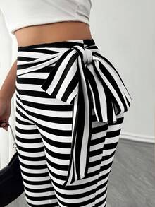 Elenzga Quần legging lửng cạp cao buộc dây kẻ sọc đen trắng dành cho nữ cỡ lớn, dáng ôm sát, co giãn, đa năng cho đi làm và mặc hàng ngày. - Đen và trắng - Xem 7