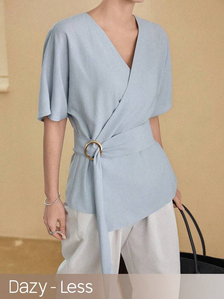 Women's Solid Color Cross-Wrap Short Sleeve Shoulder Sleeve Elegant Minimalist Blouse Business Casual Woman