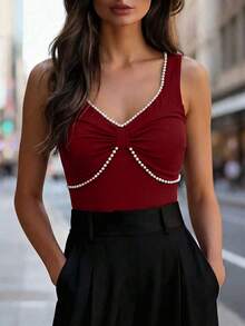 SHEIN Franclia Elegant Sleeveless Burgundy Tank Top For Women Featuring Deep V Neck And Pearl Rhinestone Details - Burgundy - View 4