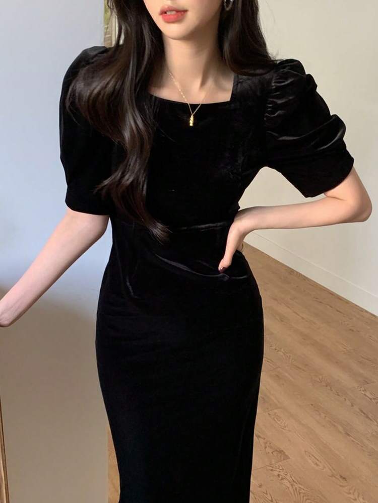 Tall Women's Velvet Petal Sleeve Dress With Turndown Collar