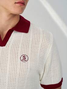 Manfinity Homme Men's Contrast Collar & Cuff Short Sleeve Knit Top Men Buttoned Knitted Polo Men Knit Tops Maroon And White Polo Men - White - View 4