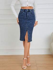 SHEIN Essnce Casual Washed Slit Fitted Denim Mini Skirt, Summer - Dark Wash - View 5