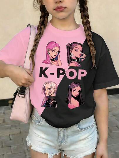 Spring And Summer Young Girl Casual Fashionable Creative Personalized Refreshing Minimalist Cool Virtual Girl Group Colorblock Black Letter Graphic Print Casual Basic Short T-Shirt, Comfortable Daily Wear