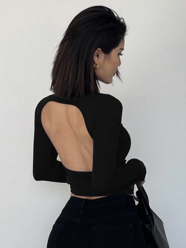 Women's Backless Tight Fitting Turtleneck Long Sleeve T-Shirt