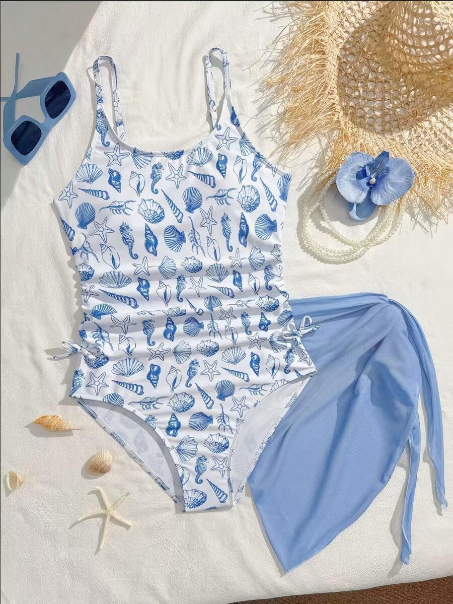 SHEIN 少女度假风蓝色贝壳印花连体泳衣搭配网纱裙，适合游泳、度假、夏季海滩、泳池、拍照，可作礼物。贝壳泳衣，夏季泳装，女士泳衣。 - 藍色 - 查看 1